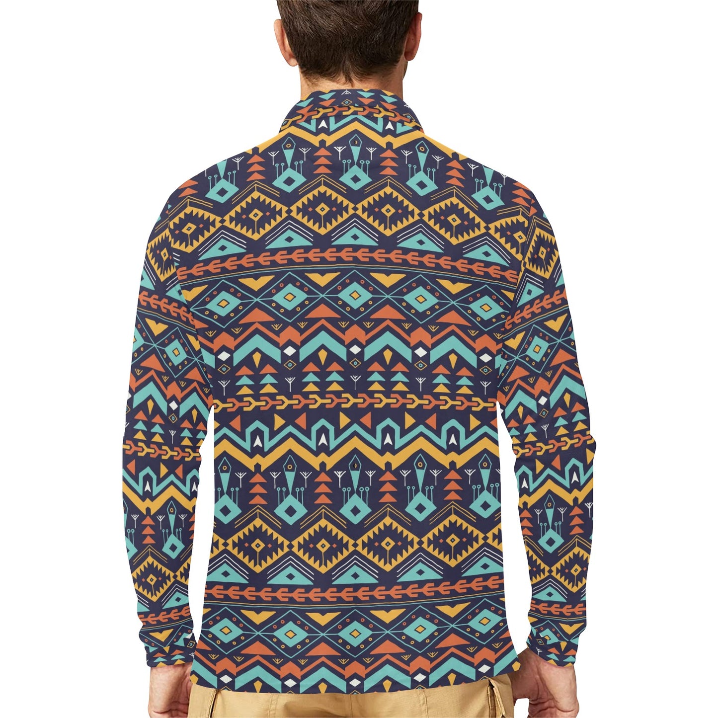 Aztec Style Print Pattern Long Sleeve Polo Shirt For Men's
