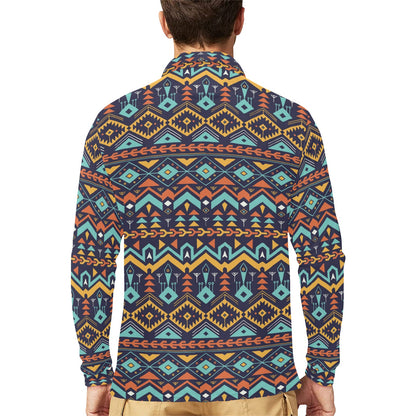 Aztec Style Print Pattern Long Sleeve Polo Shirt For Men's