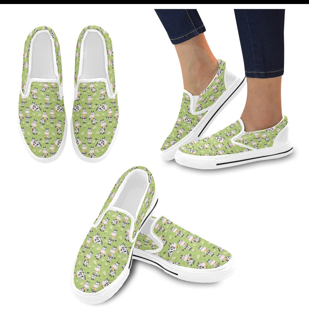 Cattle Print Design LKS401 White Slip Ons Canvas Women's Shoes