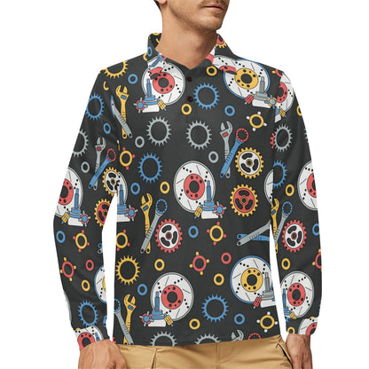 Mechanic Pattern Print Design 01 Long Sleeve Polo Shirt For Men's
