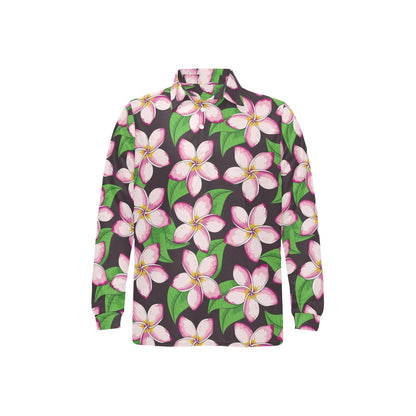 Pink Plumeria Pattern Print Design PM019 Long Sleeve Polo Shirt For Men's