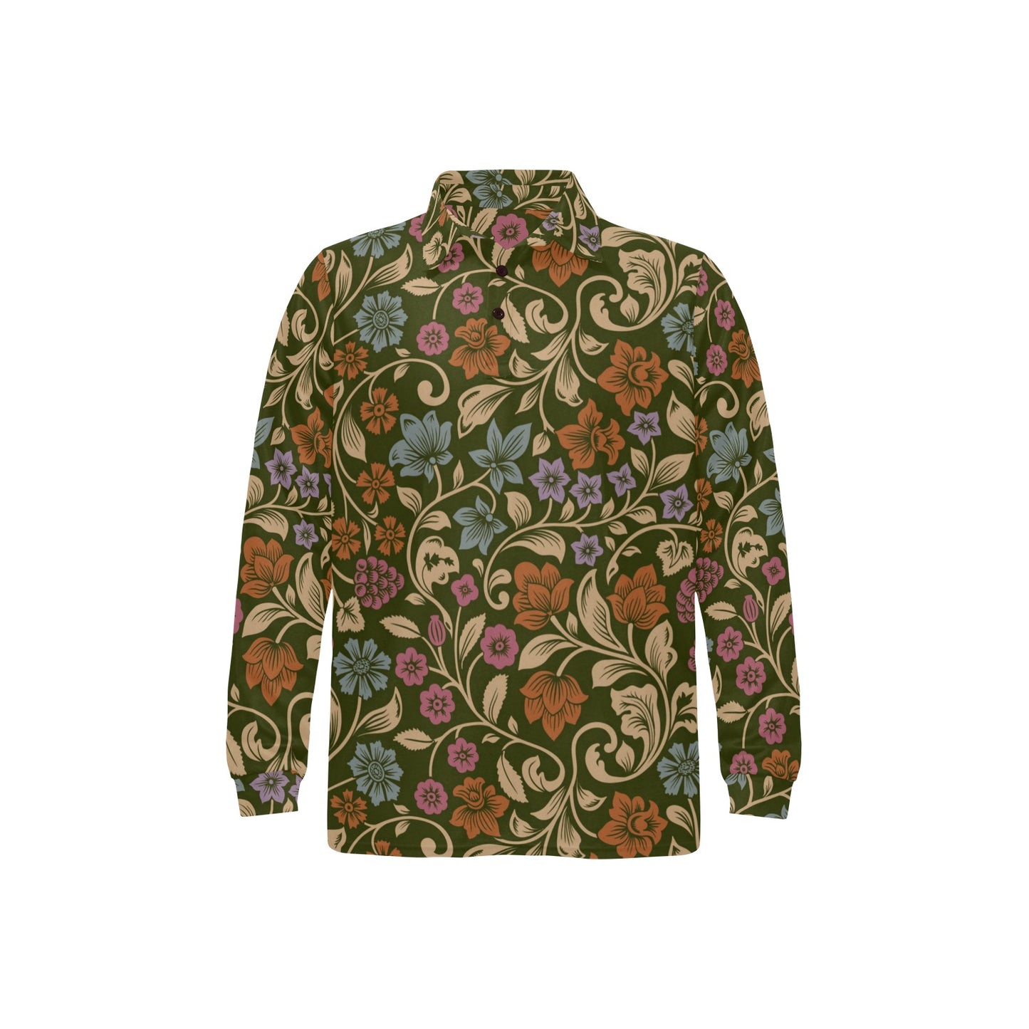 Floral Vintage Print Pattern Long Sleeve Polo Shirt For Men's