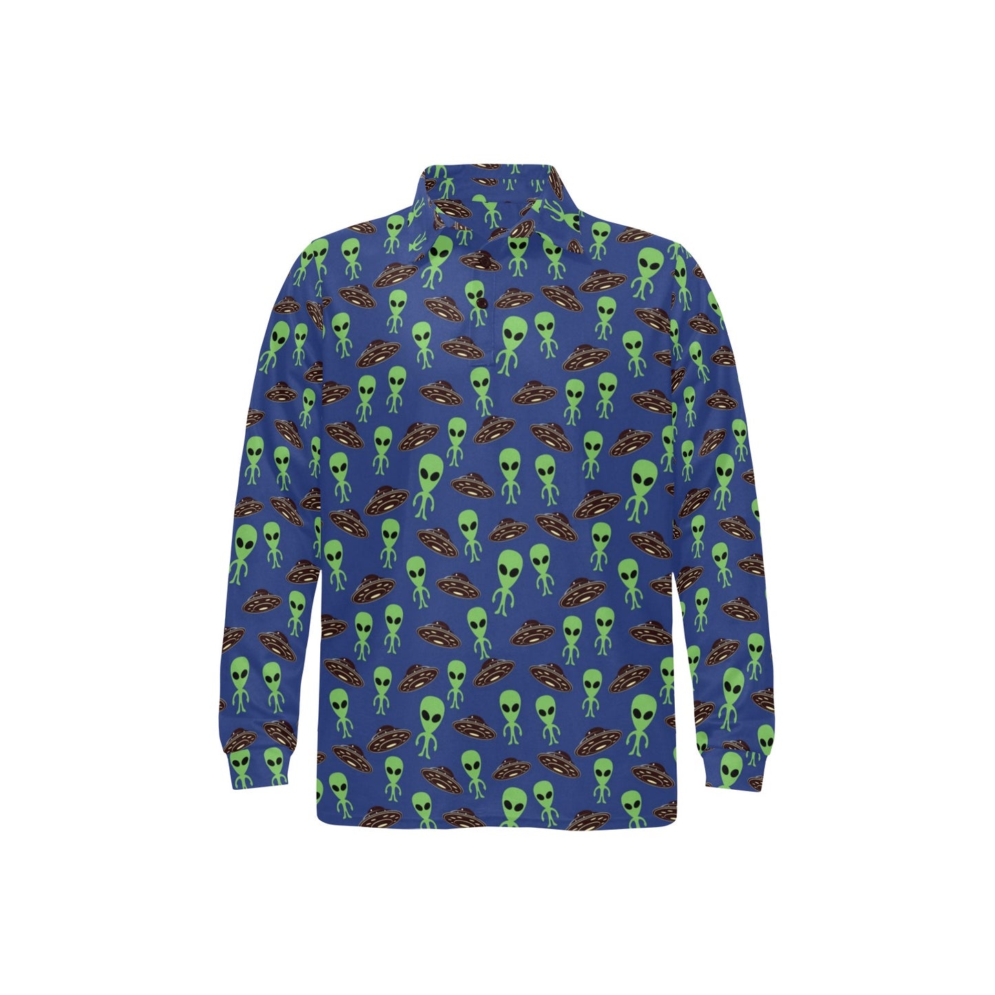 Alien Green UFO Pattern Long Sleeve Polo Shirt For Men's