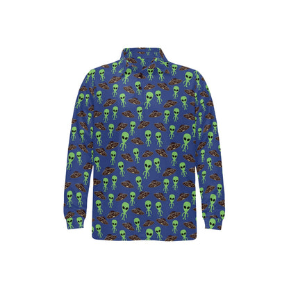 Alien Green UFO Pattern Long Sleeve Polo Shirt For Men's