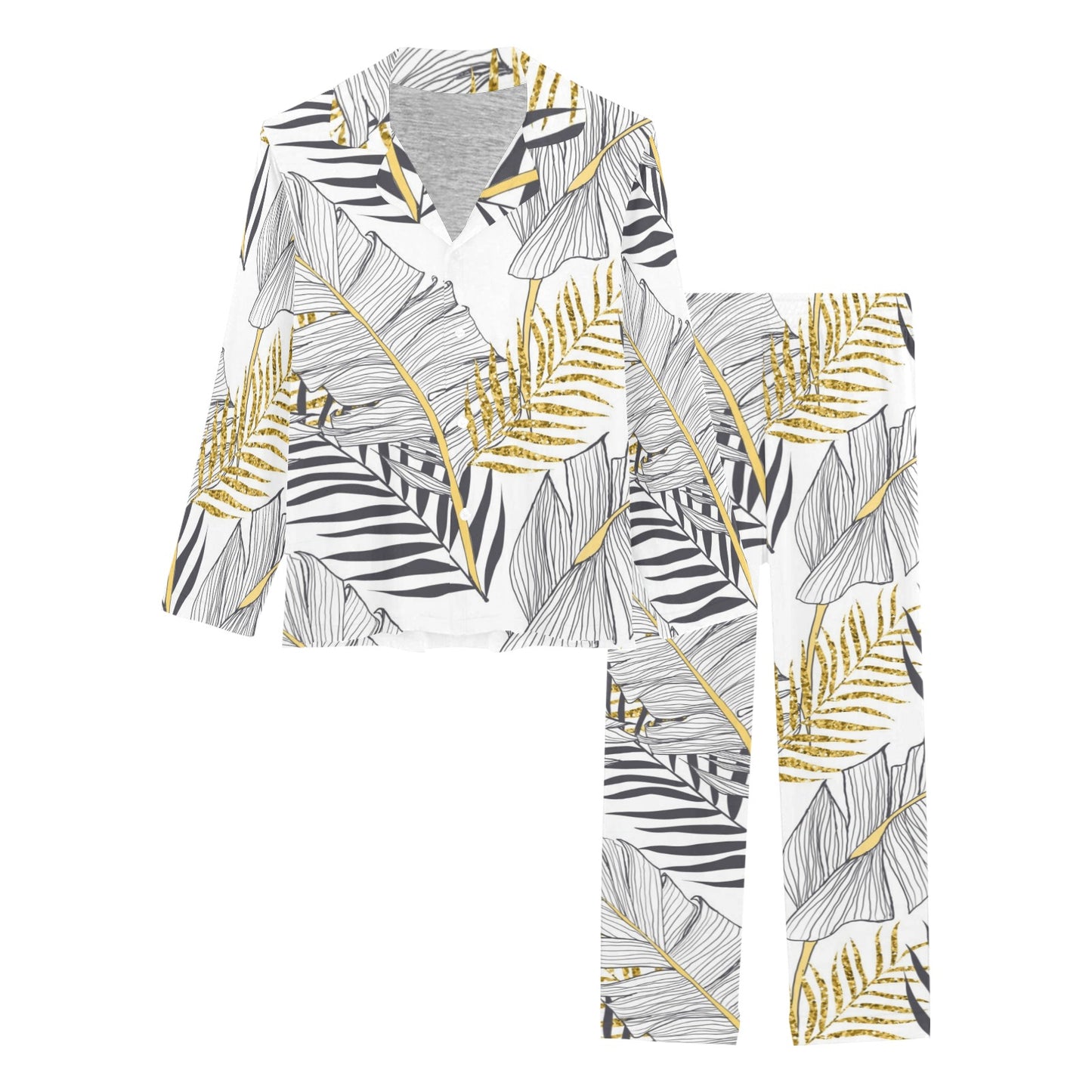 Gold Glitter Tropical Palm Leaves Women's Long Pajama Set