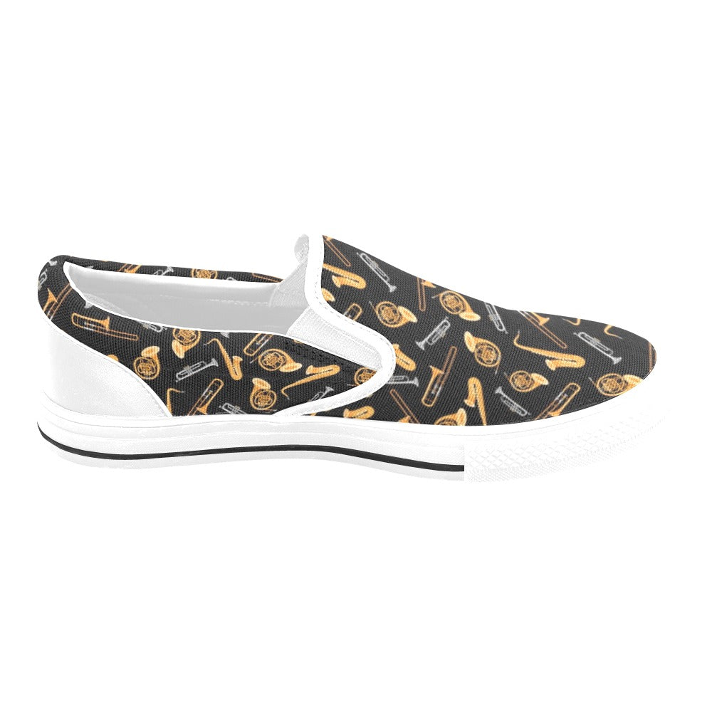 Saxophone Print Design LKS403 White Slip Ons Canvas Women's Shoes