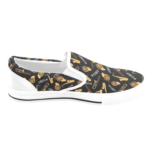 Saxophone Print Design LKS403 White Slip Ons Canvas Women's Shoes