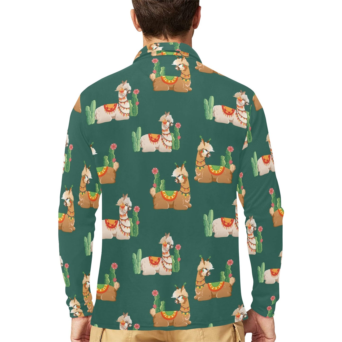 Llama Cactus Pattern Print Design 07 Long Sleeve Polo Shirt For Men's