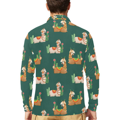 Llama Cactus Pattern Print Design 07 Long Sleeve Polo Shirt For Men's