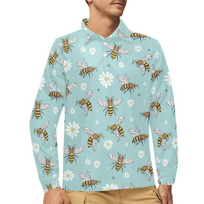 Bee Pattern Print Design BEE010 Long Sleeve Polo Shirt For Men's