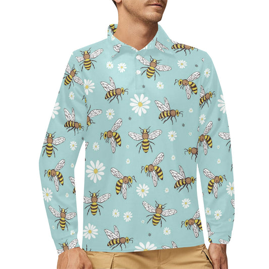 Bee Pattern Print Design BEE010 Long Sleeve Polo Shirt For Men's