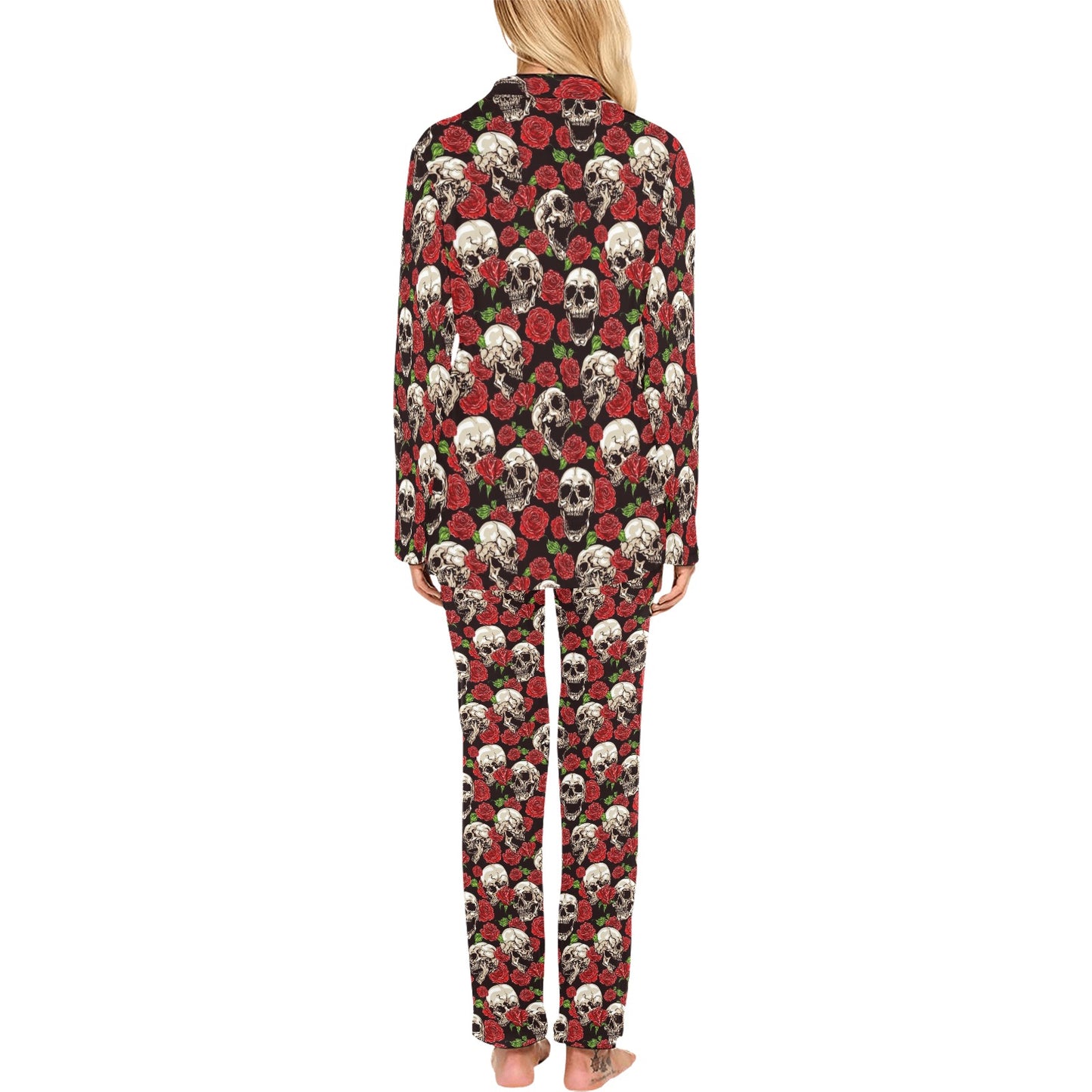 Skull Roses Design Themed Print Women's Long Pajama Set