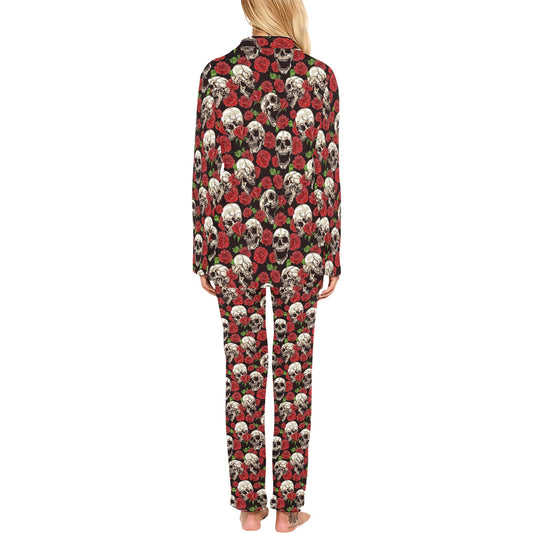 Skull Roses Design Themed Print Women's Long Pajama Set