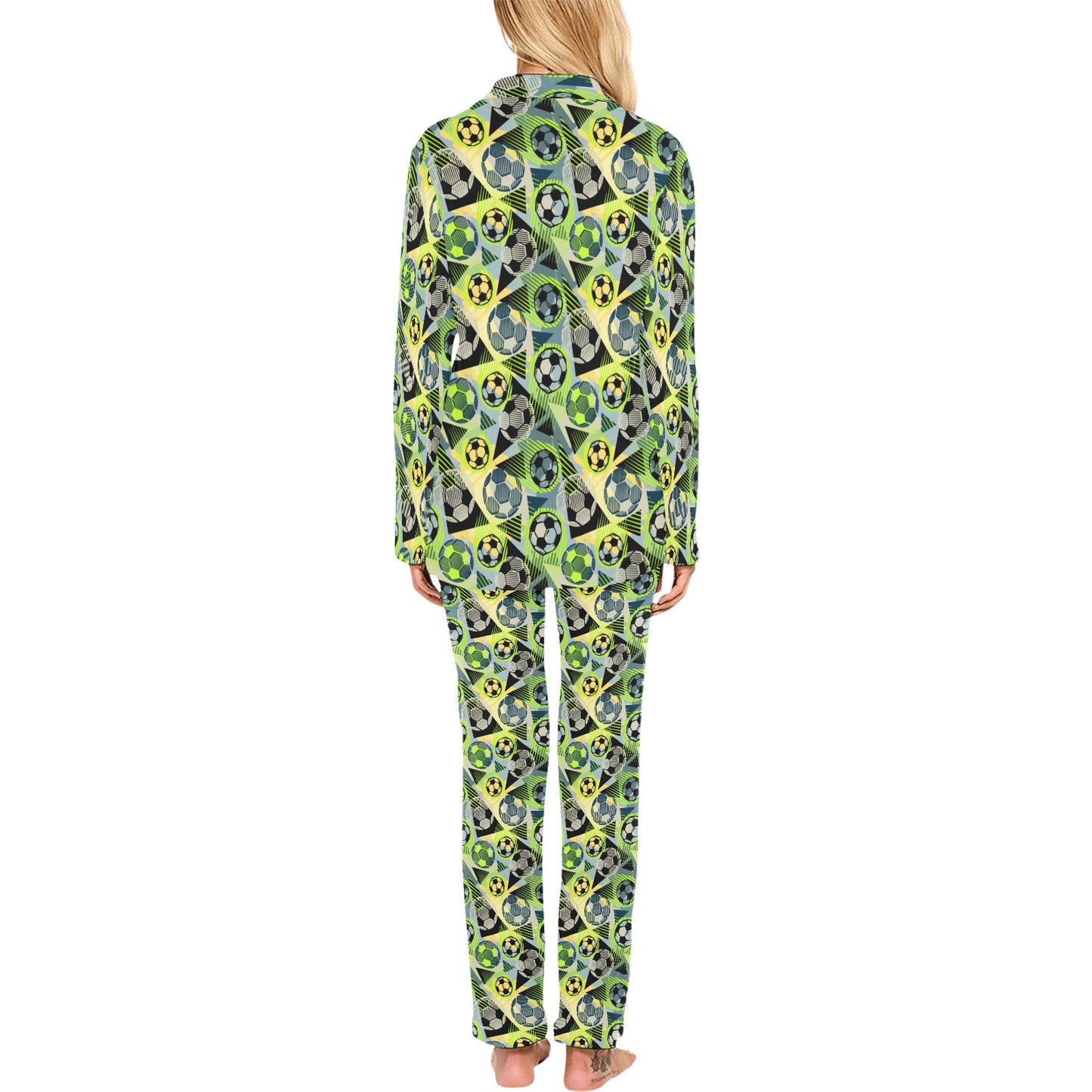 Soccer Ball Themed Print Pattern Women's Long Pajama Set