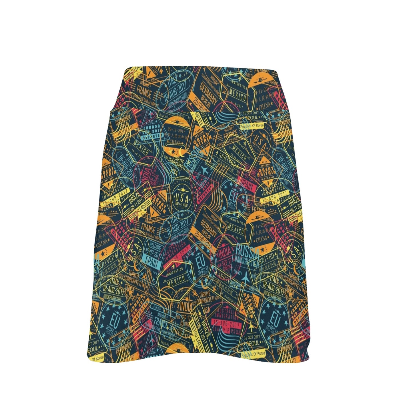 Travel Stamp Colorful Print Design LKS304 17" Golf & Pickleball Skort with Pockets