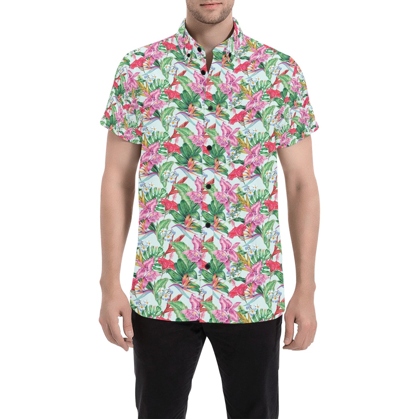 Tropical Flower Print Design LKS304 Men Short Sleeve Button Up Shirt