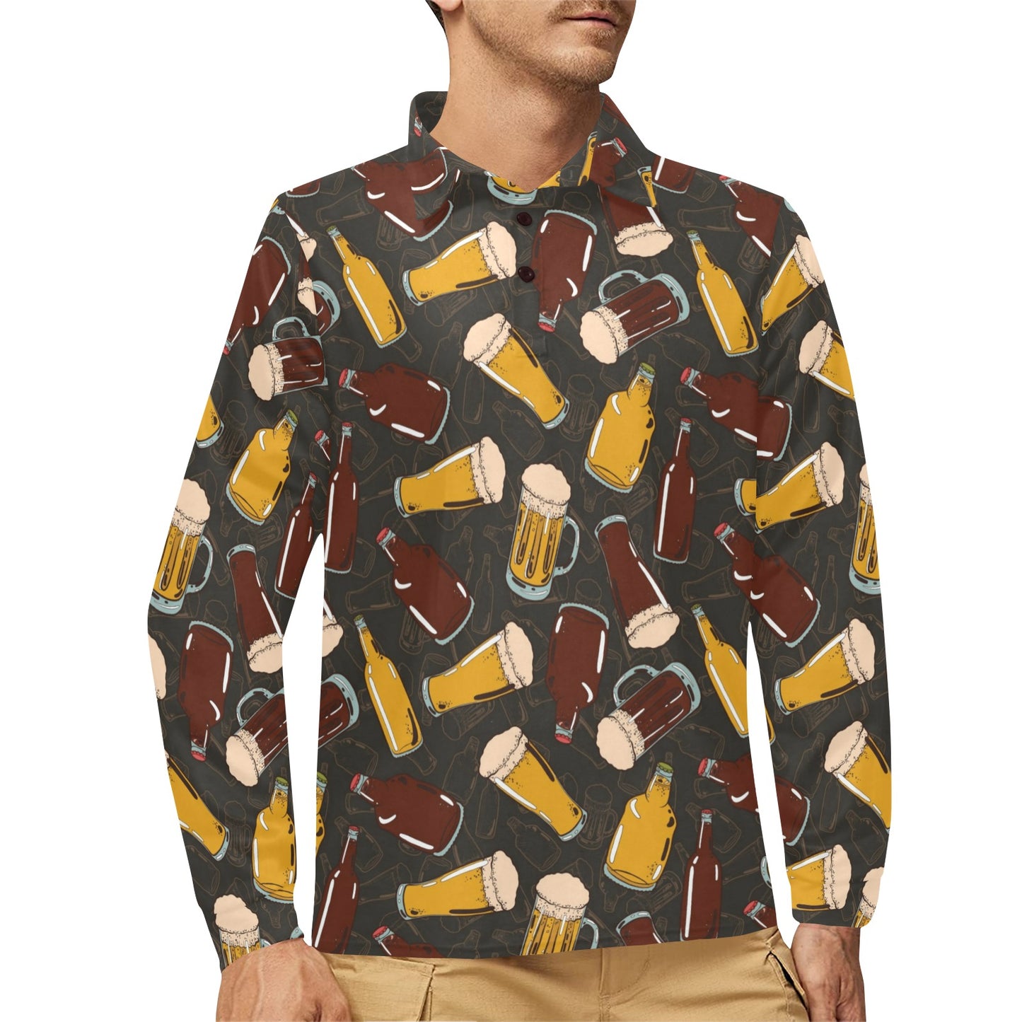 Beer Pattern Print Design 03 Long Sleeve Polo Shirt For Men's