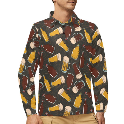 Beer Pattern Print Design 03 Long Sleeve Polo Shirt For Men's