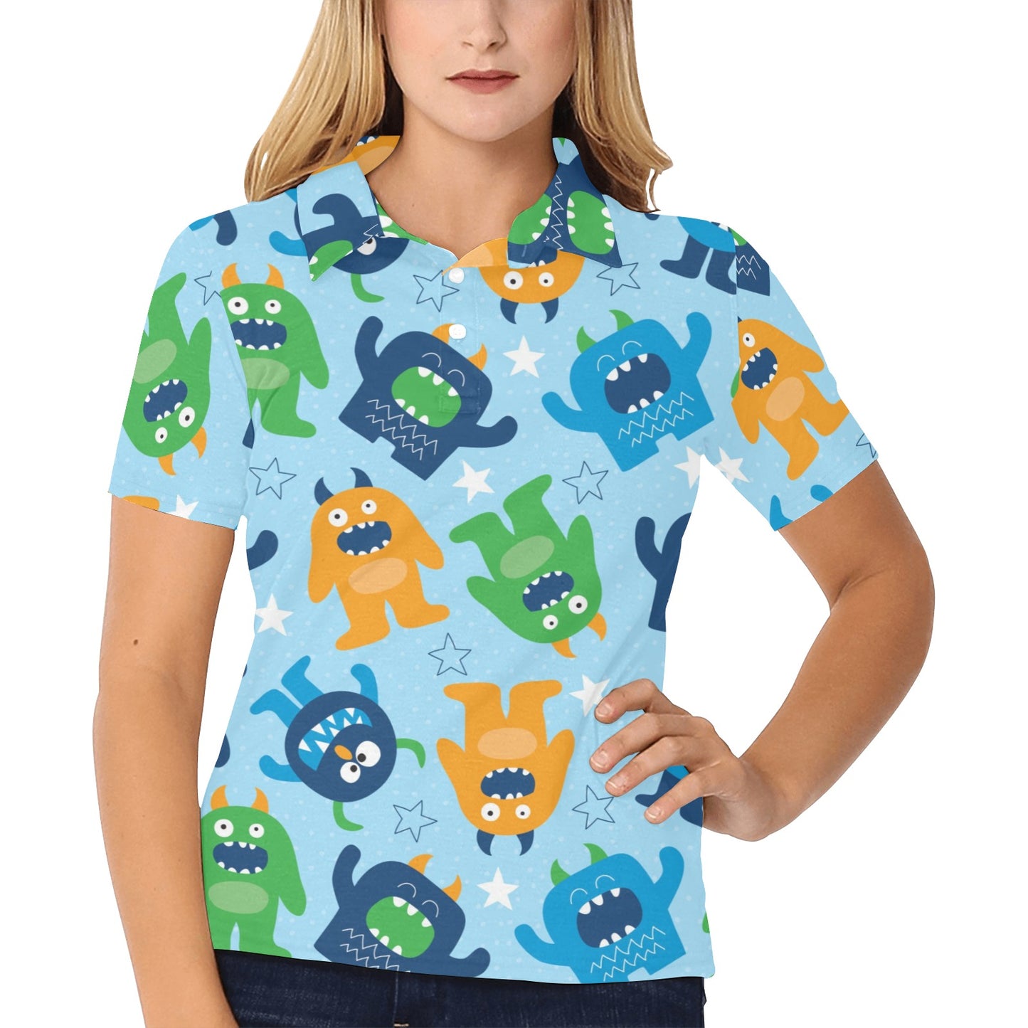 Monster Cartoon Pattern Print Design 04 Women's Polo Shirt