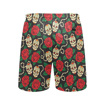Sugar Skull Red Rose Print Design LKS301 Men's Swim Trunks Beach Shorts