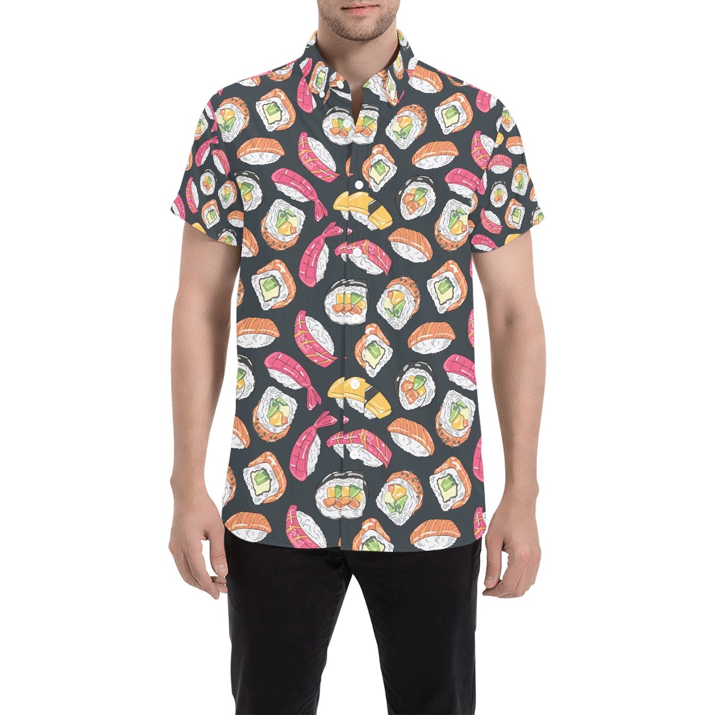 Sushi Print Design LKS306 Men Short Sleeve Button Up Shirt