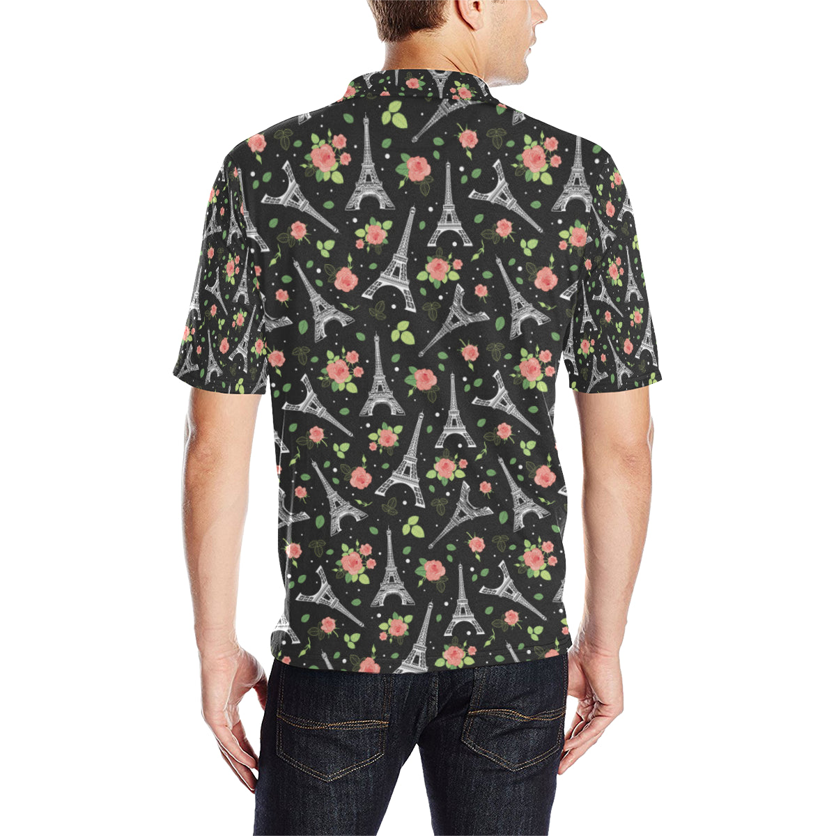Eiffel Tower Rose Print Men Polo Shirt