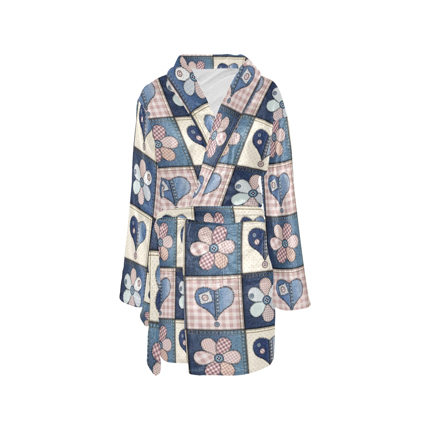 Patchwork Heart Flower Pattern Print Design 01 Women's Fleece Robe