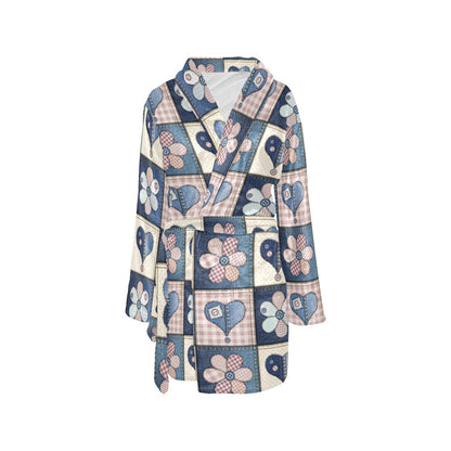 Patchwork Heart Flower Pattern Print Design 01 Women's Fleece Robe