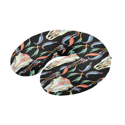 Buffalo Head Boho Style Pattern Print Design 01 U-Shaped Travel Neck Pillow