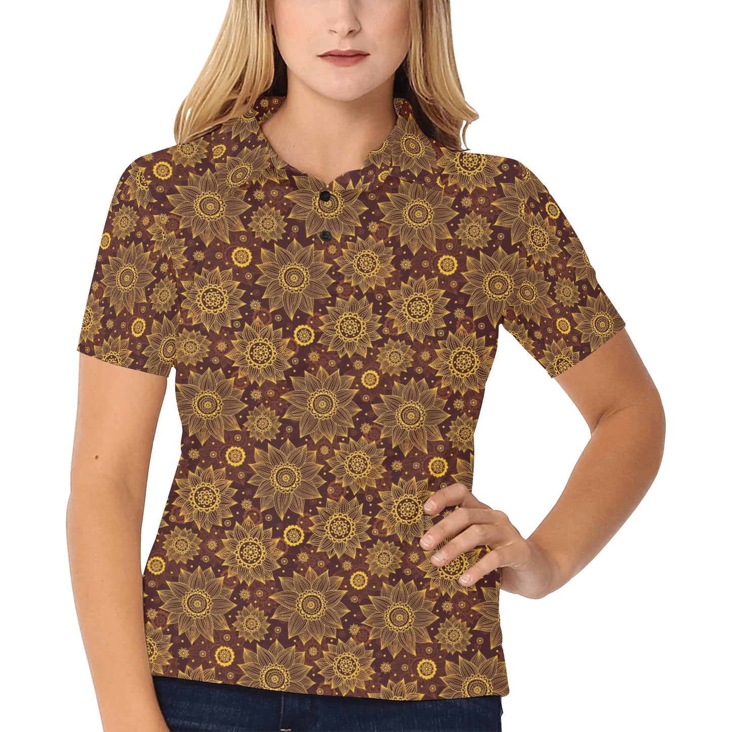 Gold Sunflower Hand Drawn Print Women's Polo Shirt