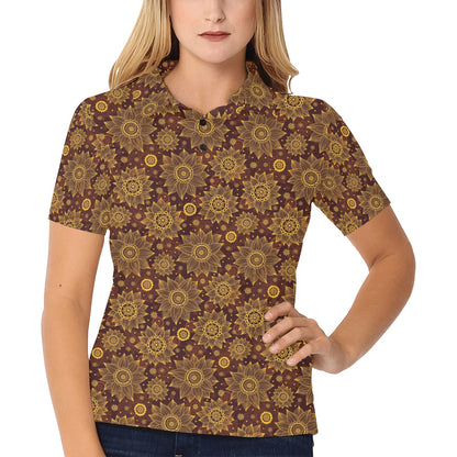 Gold Sunflower Hand Drawn Print Women's Polo Shirt