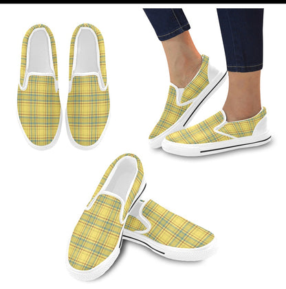 Tartan Yellow Print Design LKS301 White Slip Ons Canvas Women's Shoes