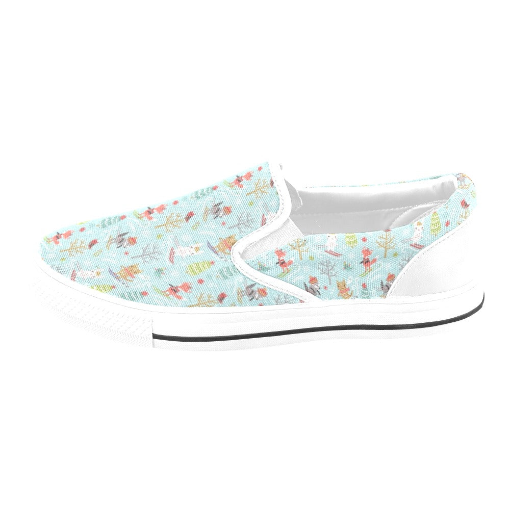Ski Fox Cute Print Design LKS303 White Slip Ons Canvas Women's Shoes