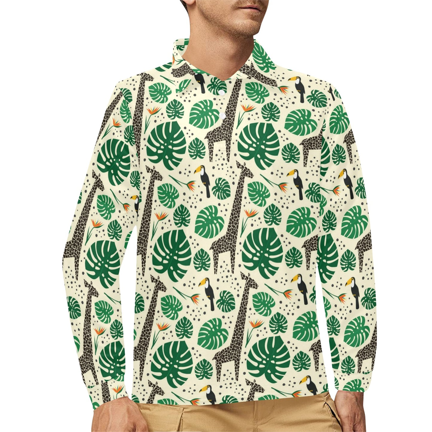 Rainforest Giraffe Pattern Print Design A02 Long Sleeve Polo Shirt For Men's