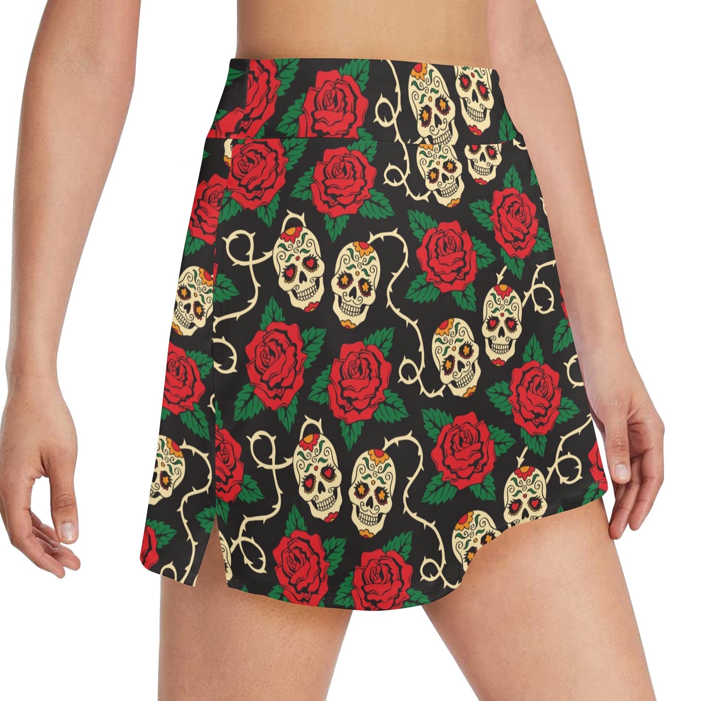 Sugar Skull Red Rose Print Design LKS301 17" Golf & Pickleball Skort with Pockets