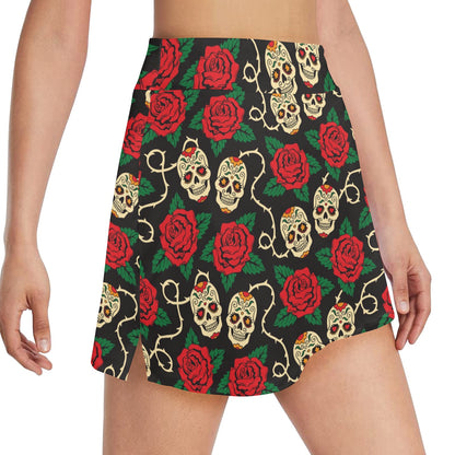 Sugar Skull Red Rose Print Design LKS301 17" Golf & Pickleball Skort with Pockets