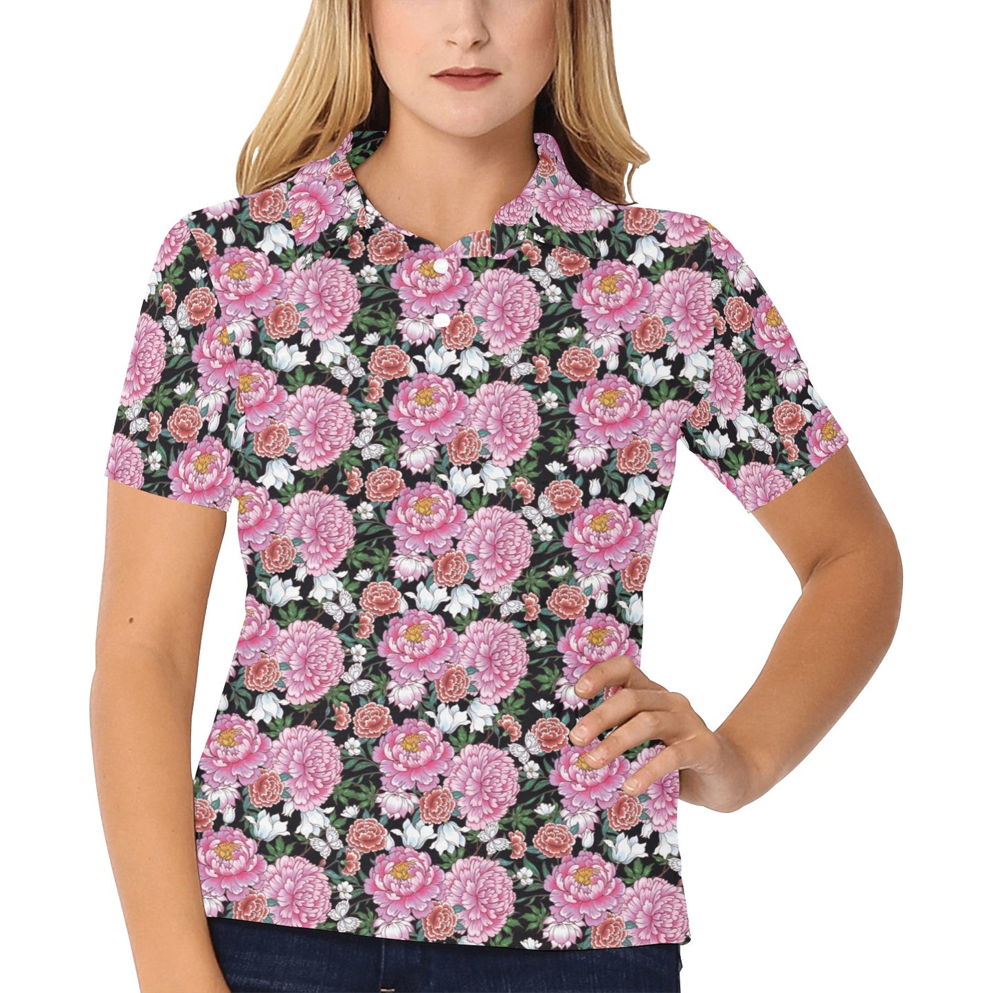 Dahlia Pattern Print Design 02 Women's Polo Shirt