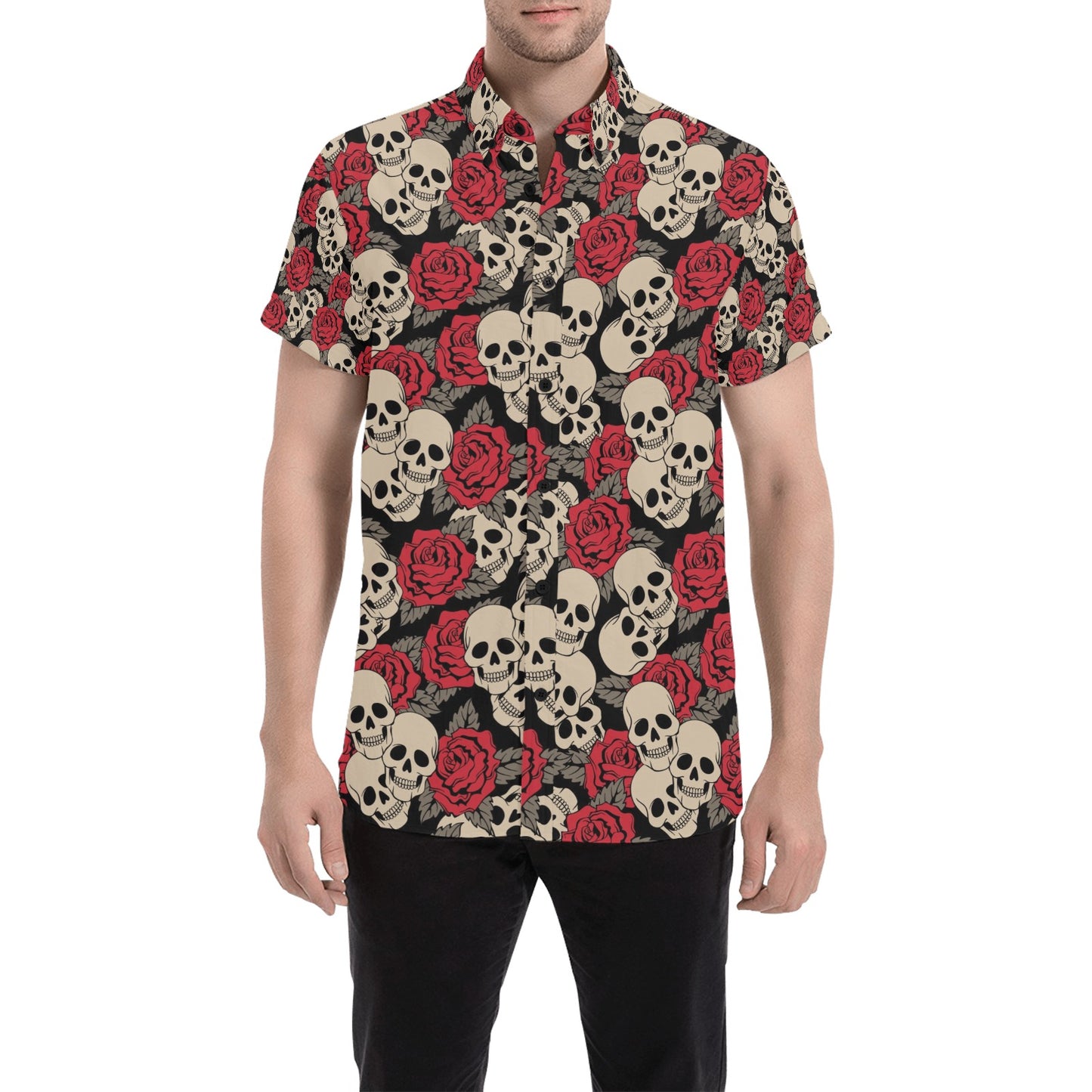 Skull And Roses Print Design LKS301 Men Short Sleeve Button Up Shirt
