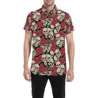 Skull And Roses Print Design LKS301 Men Short Sleeve Button Up Shirt