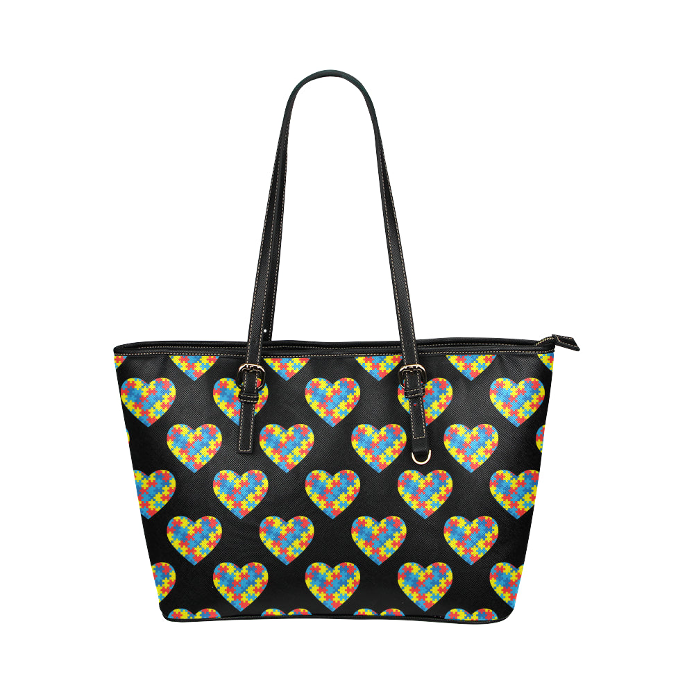 Autism Awareness Heart Design Print Leather Tote Bag