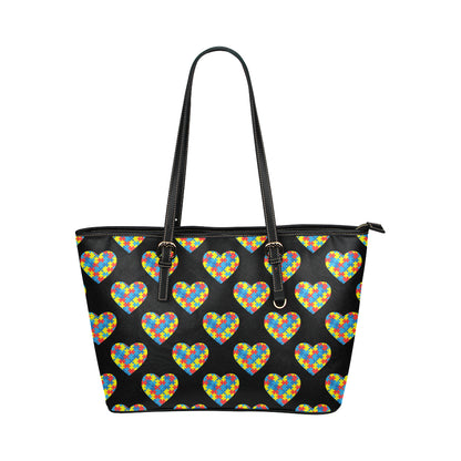 Autism Awareness Heart Design Print Leather Tote Bag