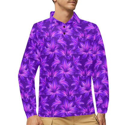 Amaryllis Pattern Print Design AL03 Long Sleeve Polo Shirt For Men's