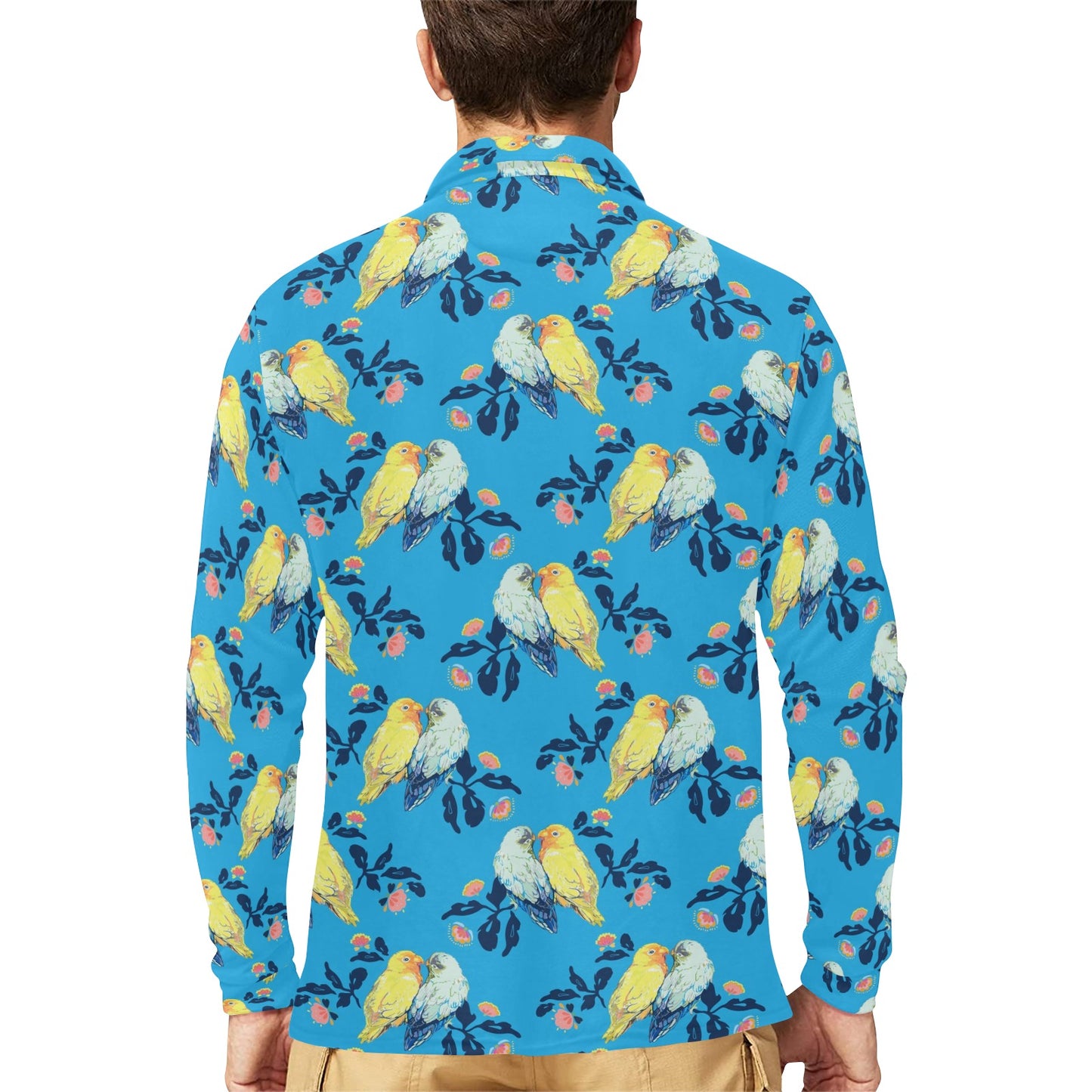 Lovebird Pattern Print Design 03 Long Sleeve Polo Shirt For Men's