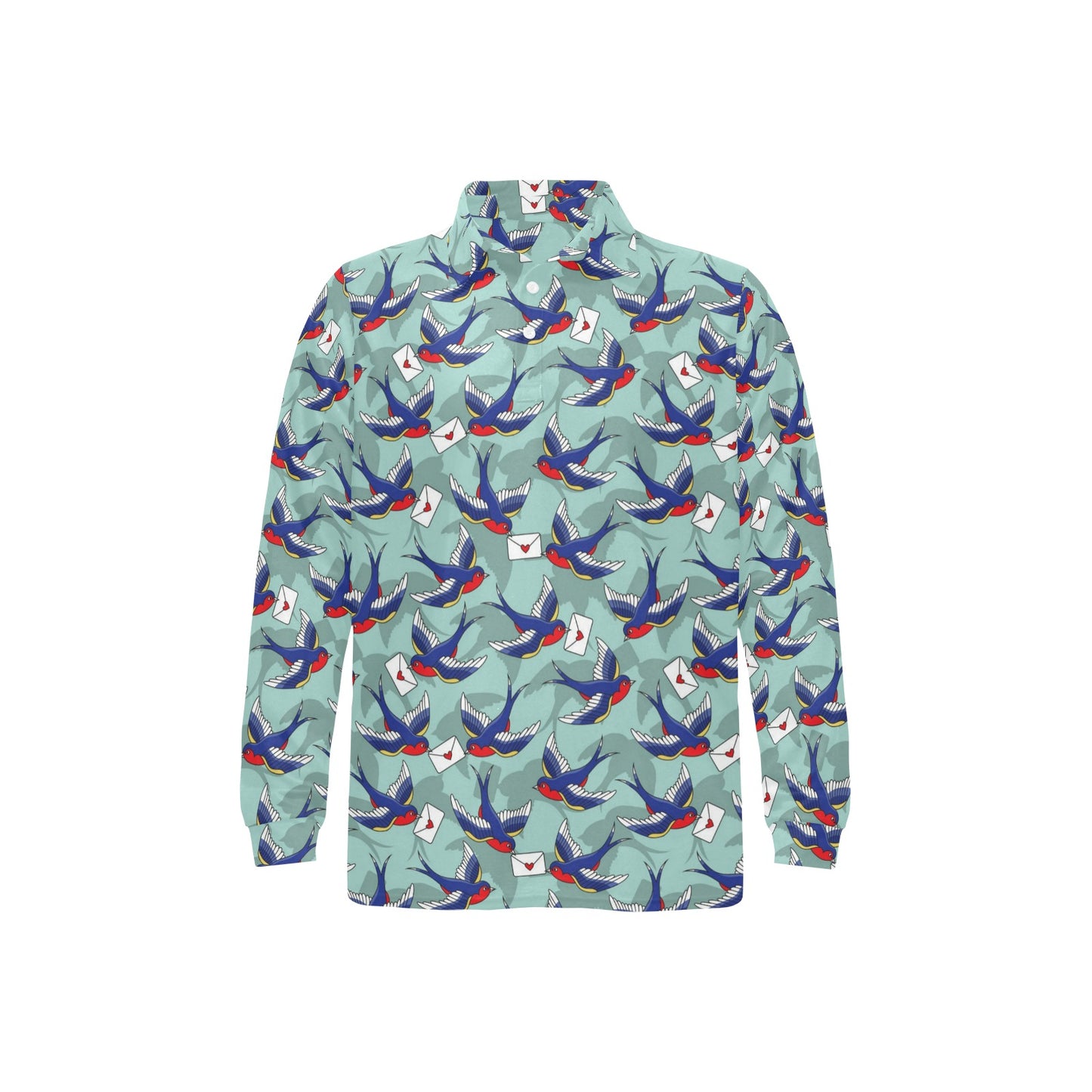 Swallow Bird Pattern Print Design 02 Long Sleeve Polo Shirt For Men's