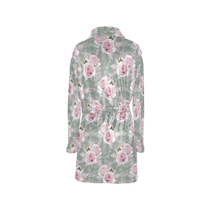Rose White Pattern Print Design RO012 Women's Fleece Robe