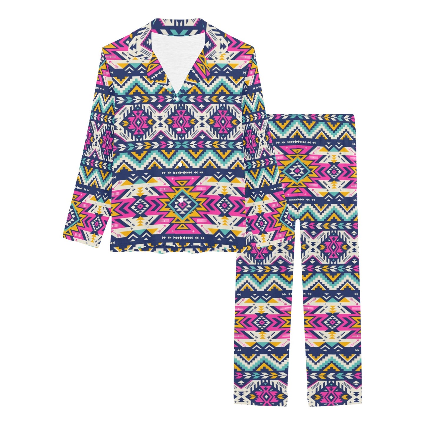 Aztec Pink Geometric Print Pattern Women's Long Pajama Set