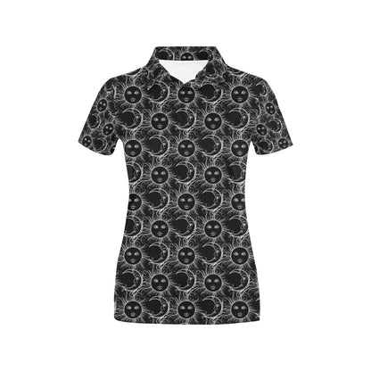Sun Moon White Design Themed Print Women's Polo Shirt
