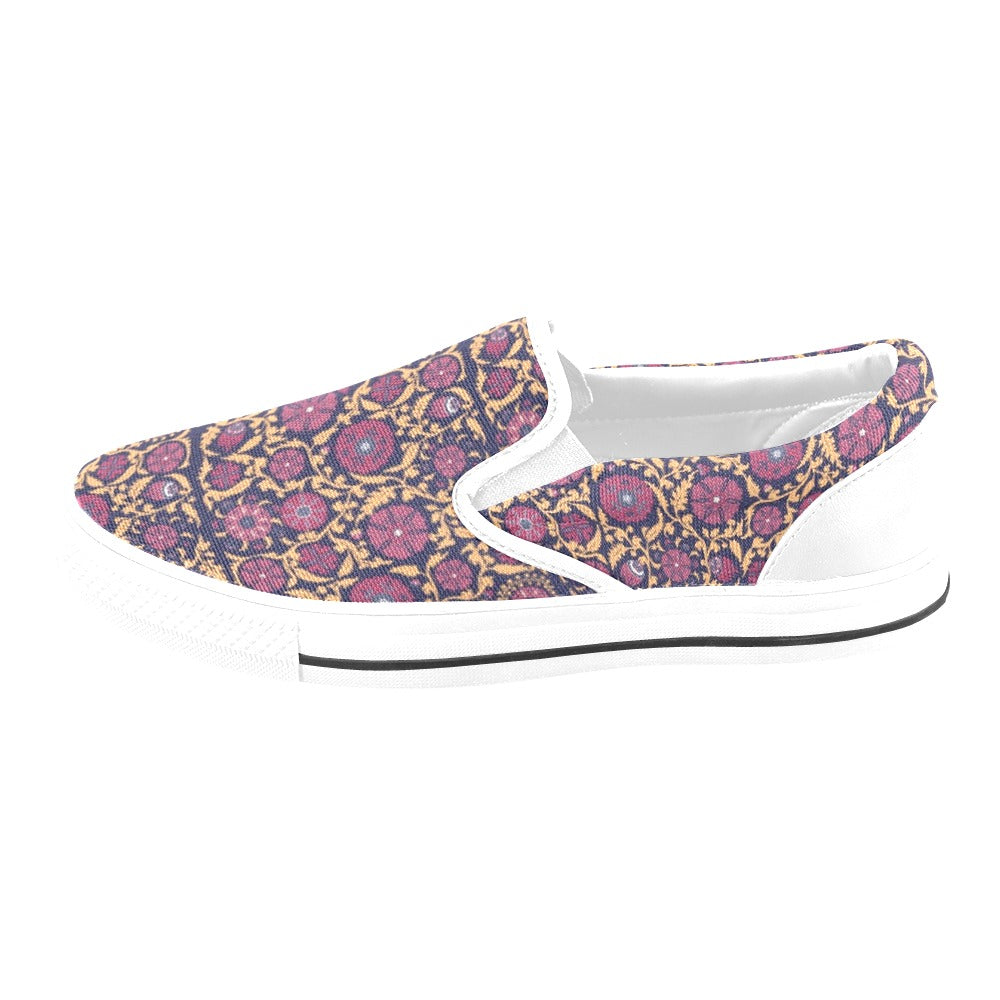 Suzani Print Design LKS303 White Slip Ons Canvas Women's Shoes