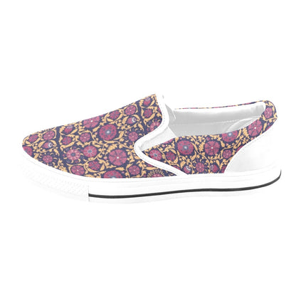 Suzani Print Design LKS303 White Slip Ons Canvas Women's Shoes