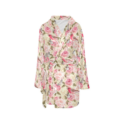 Bird Butterfly Pink Flower Print Pattern Women's Fleece Robe